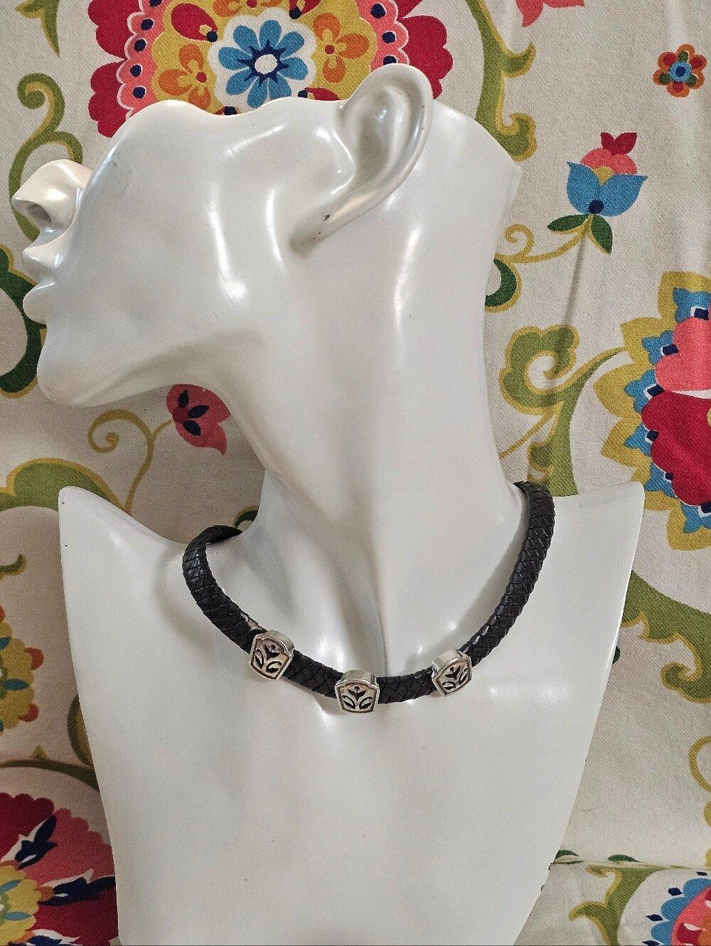Brighton Black Braided Leather Choker with Silver Bead Accents